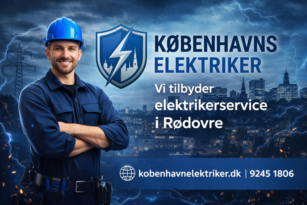 Københavns Elektriker – professionel elektrikerservice i Rødovre med logo og elektriker foran bymiljø